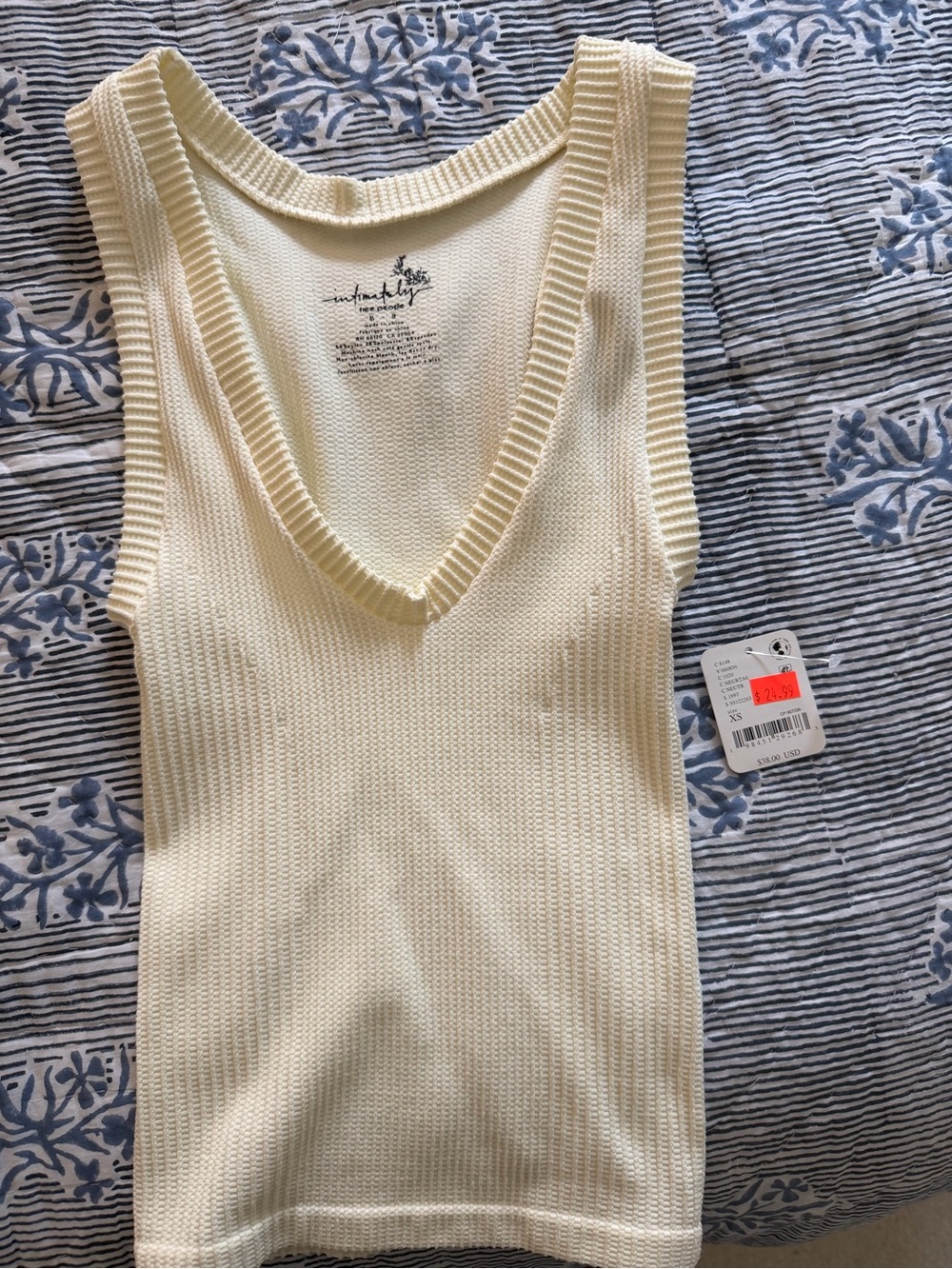 Free People Cream Ribbed V-Neck Tank Top